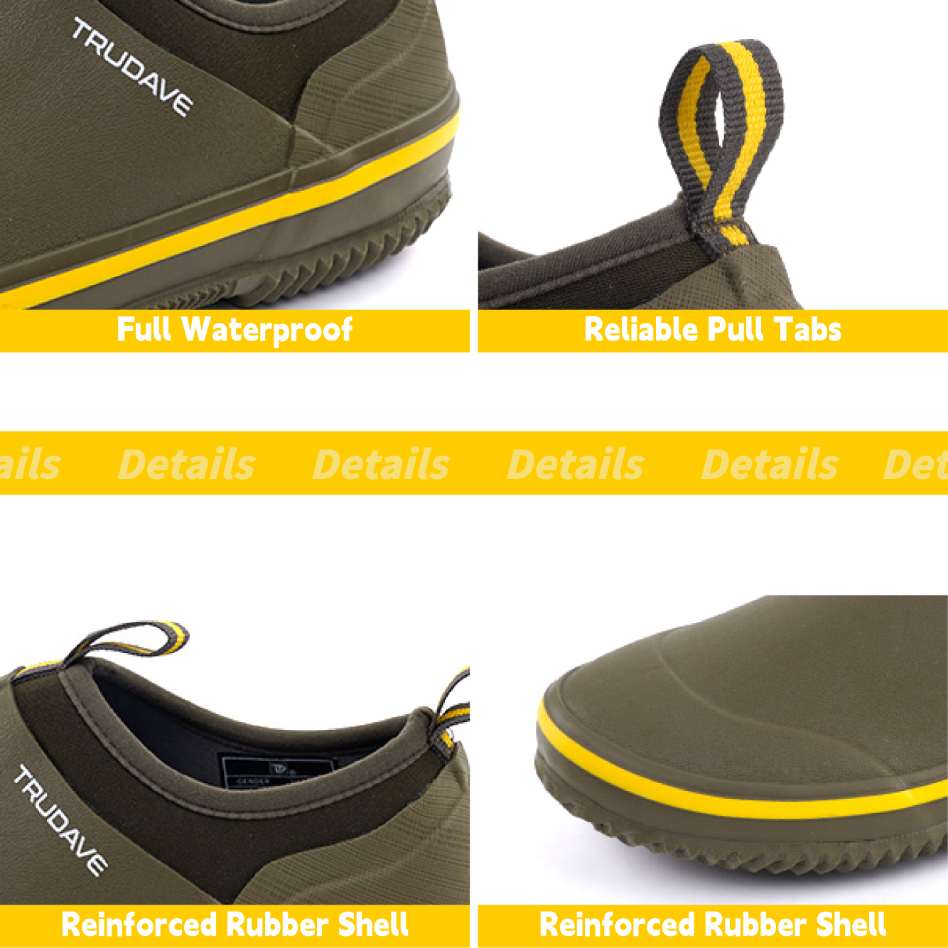 alt="Detail close-up of Trudave GreenStep Series waterproof slip-on garden shoes in olive green showing full waterproof construction, reliable pull tabs, and reinforced rubber shell for durability, comfort, and outdoor gardening performance"